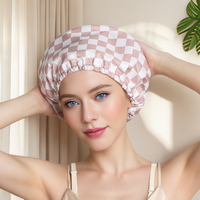 Fashion Satin Lined Luxury Shower Cap - Checker - Stylish Design for a Luxurious Shower Experience Adjustable Waterproof