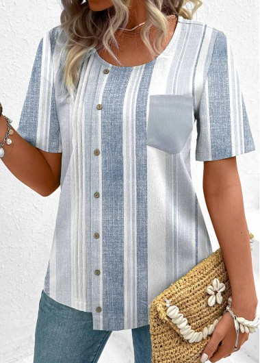 Modlily Dusty Blue Asymmetry Multi Stripe Print Short Sleeve Blouse - XL