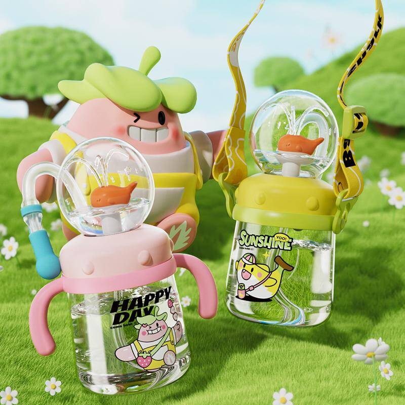 【COMOBEBE】10oz Spill-Proof Tritan Rocket Ship & Whale Fountain Sippy Cup – BPA-Free, Soft Straw, Fun Spray Design, Dish...