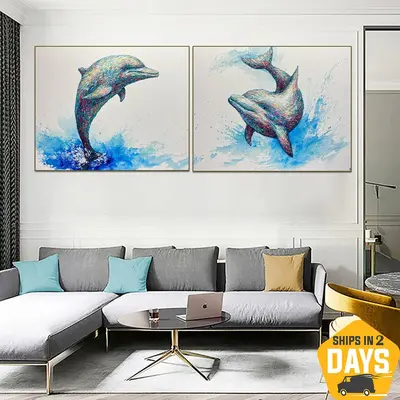Original Dolphins Set of 2 Paintings on Canvas Colorful Underwater Animals Artwork for Home | DOLPHINS COUPLE 2P 40"x100...