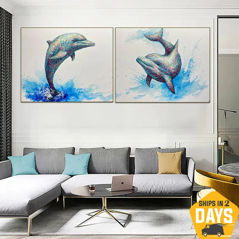 Original Dolphins Set of 2 Paintings on Canvas Colorful Underwater Animals Artwork for Home | DOLPHINS COUPLE 2P 40"x100...