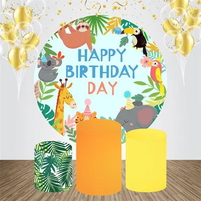 Animals Green Leaves Round Birthday Backdrop Kit - Aperturee