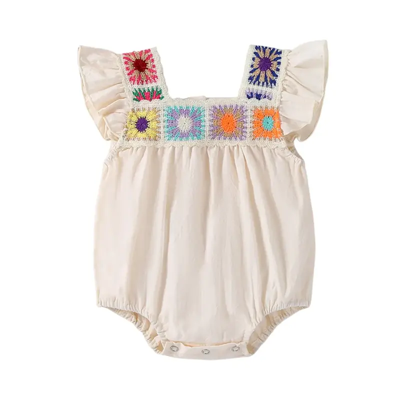 Cute Baby Girl Summer Romper Fly Sleeve Square Neck Crochet Flower Bodysuit Newborn Playsuit