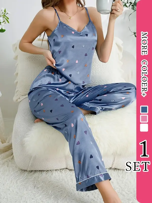 Women's Heart Print Satin Pajama Set, Lady Comfortable Soft Sleeveless V Neck Cami Top & Contrast Binding Pants Pj Home...