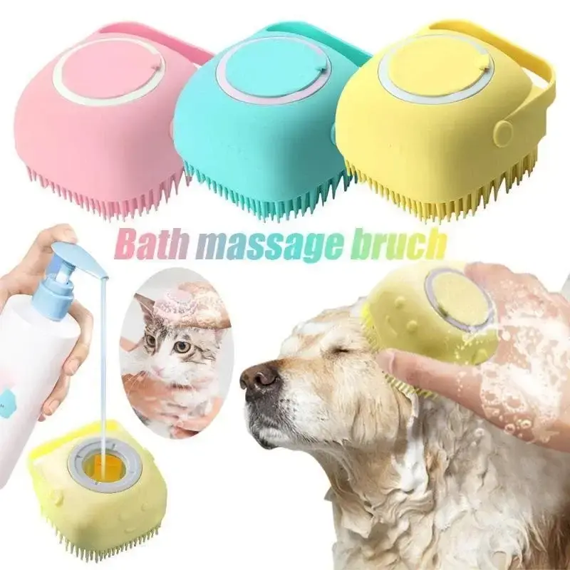 Dog Bath Brush, Soft Silicone Shampoo Dispenser Brush Scrubber Pet Massage Shower Grooming Washing Soap Brush with Adjustable...