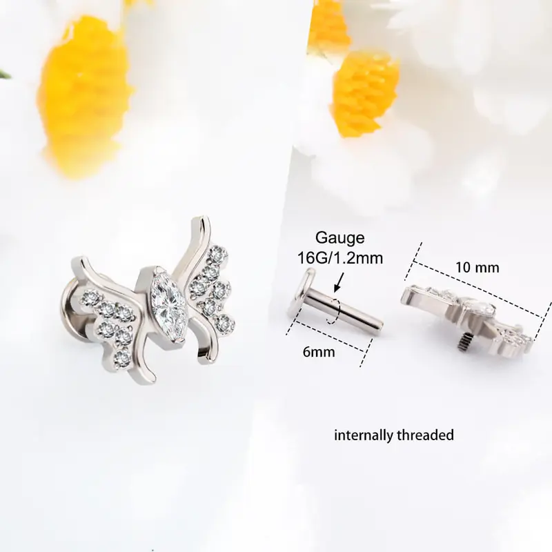 CZ Snake & Butterfly Titanium Cartilage Stud - Butterfly