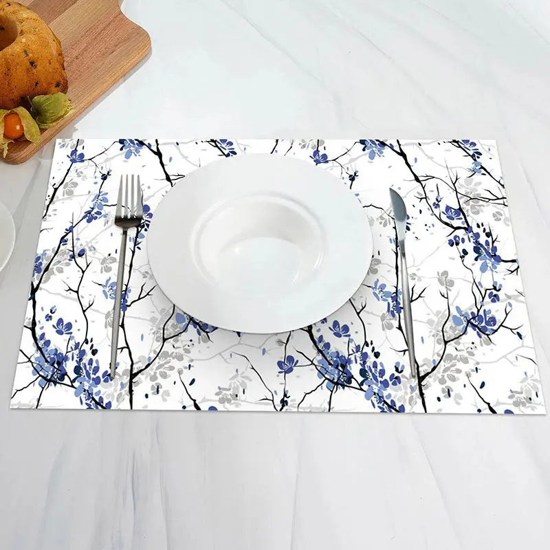 White Blue Trunk Floral Vintage Set Of 4 Placemats - Aperturee