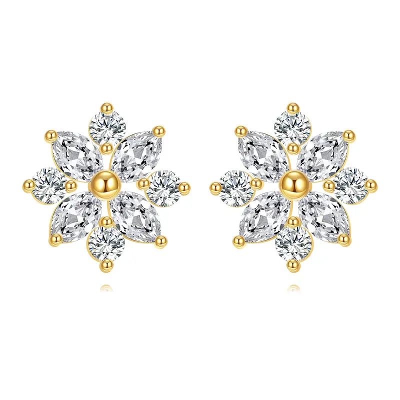 14K Gold Cubic Zirconia Snowflake Stud Earrings
