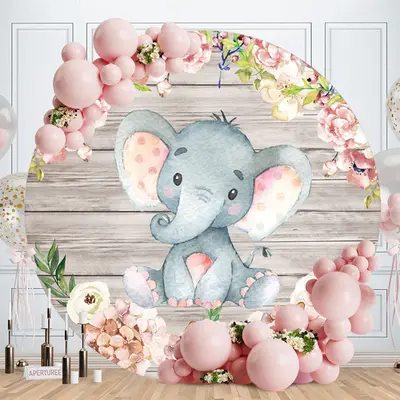 Aperturee Pink Elephant And Floral Round Wood Baby Shower Backdrop