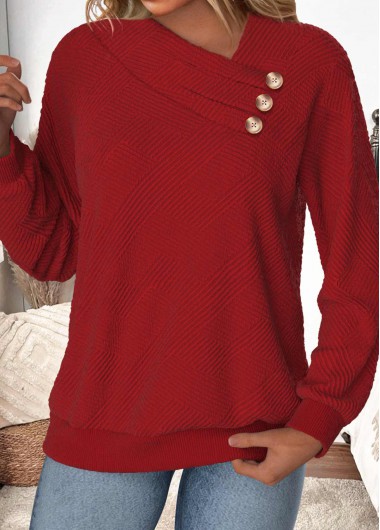 Modlily Wine Red Button Long Sleeve Asymmetrical Neck Sweatshirt - XL