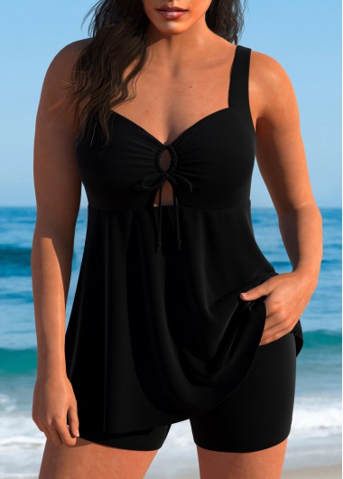 Modlily High Waisted Tie Black Tankini Set - 2XL