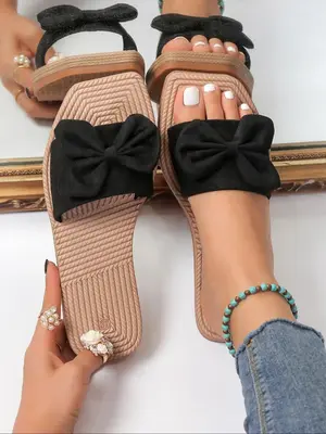 Women's Summer 2024 1 Pair Bow Decorated Solid Color Slides, Casual Comfortable Open Toe Flat Slippers for Daliy Wear, Wide B...