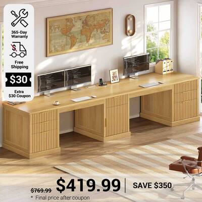 SEDETA | 110.3 Inch Fluted Long Computer Desk with Storage Cabinet Fluted Two Person Desk with 7 Drawers Power Outlets Oak Ho...