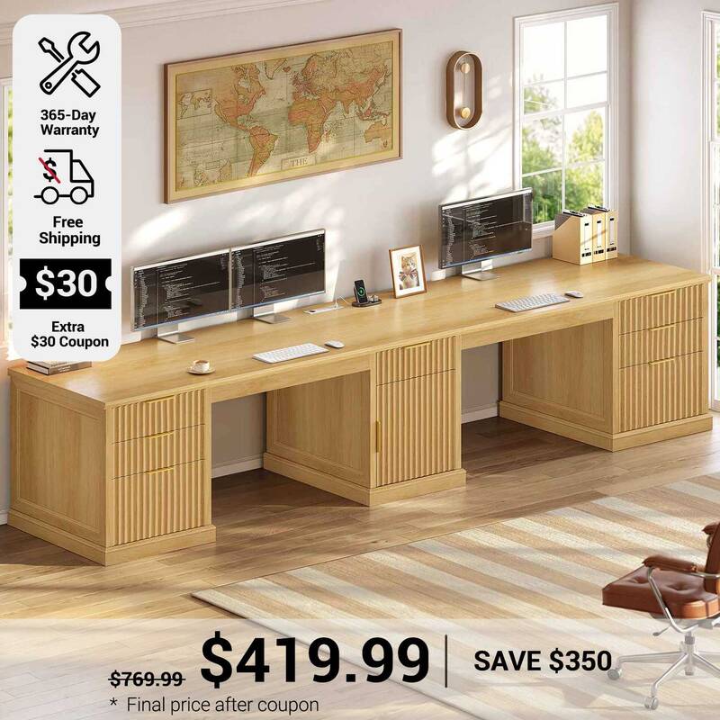 SEDETA | 110.3 Inch Fluted Long Computer Desk with Storage Cabinet Fluted Two Person Desk with 7 Drawers Power Outlets Oak Ho...