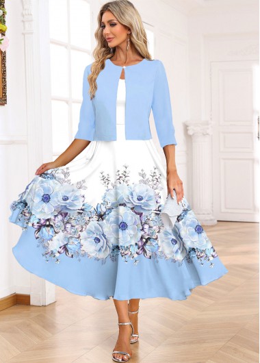 Modlily Light Blue Two Piece Floral Print Dress and Cardigan - M