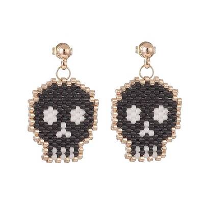 Handmade Japanese Seed Braided Skull Dangle Stud Earrings