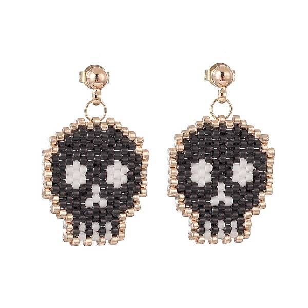 Handmade Japanese Seed Braided Skull Dangle Stud Earrings