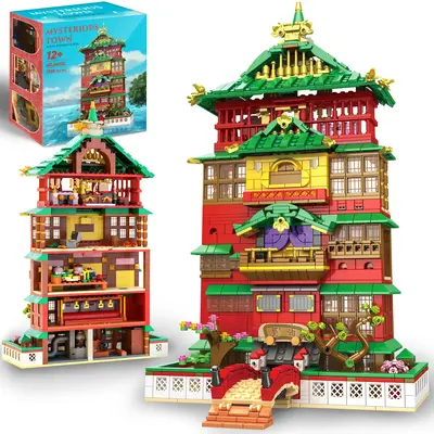 【TOKMOC】66032,1868 Pieces,5-Story Shower Architecture Building Block Set With Characters,Oil house Style,Bridge connectio...