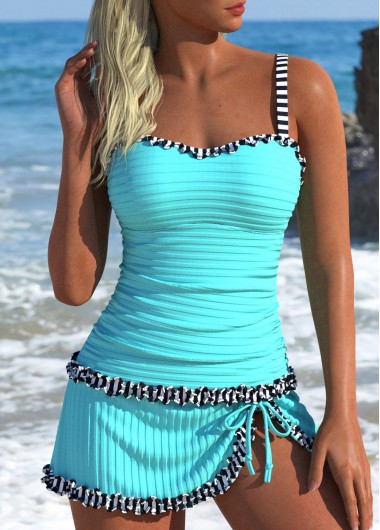 Modlily Contrast Binding Mid Waisted Striped Cyan Tankini Set - XXL