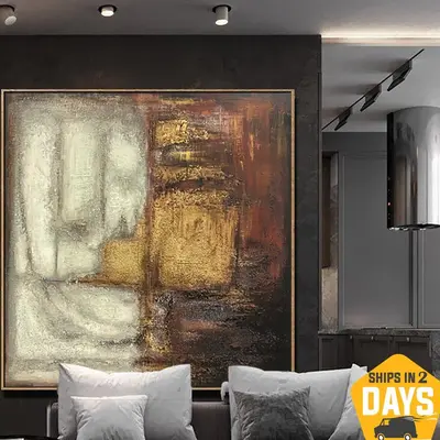 Brown Abstract Painting Gold Leaf Art Oversized Gold Paintings on Canvas Extra Large Original Abstract Painting Office Decor ...