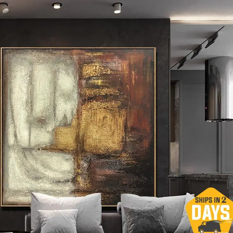 Brown Abstract Painting Gold Leaf Art Oversized Gold Paintings on Canvas Extra Large Original Abstract Painting Office Decor ...
