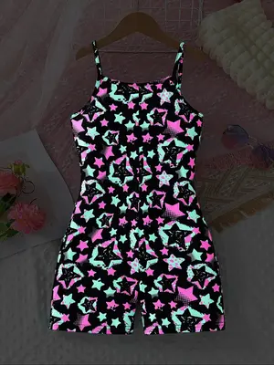 Girls Star Print Romper, Casual Sleeveless Overalls for Summer, Kids Clothes for Daily Wear