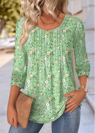Modlily Light Green Ditsy Floral Print 3/4 Sleeve T Shirt - XXL