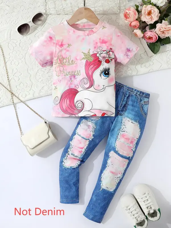 Two-piece Set Girl's Cartoon Unicorn Print Tee & Denim-effect Print Pants Set, Kids Summer Clothes