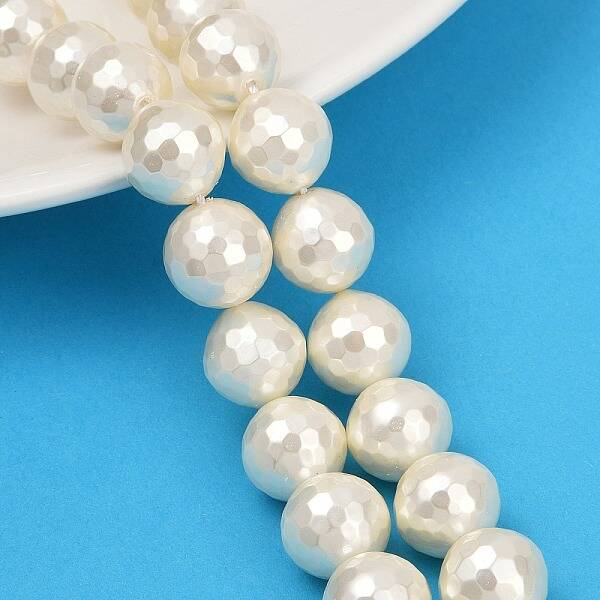 Faceted Round Shell Pearl Beads Strands