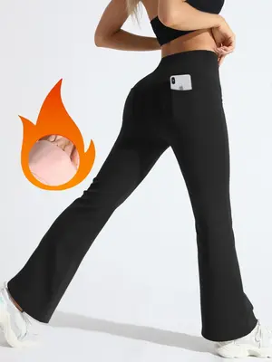 Women's Solid Color High Waist Sports Flare Leg Leggings, Casual Comfy Pocket Design Bell Bottom Trousers for Yoga Gym Workou...