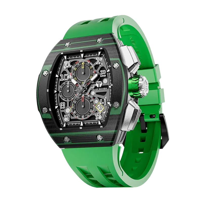 TSAR BOMBA Men's Quartz Watch | Green | Atomic TB8214 | Carbon Fiber Bezel | Luxury Sport Watch | 50M Waterproof Sapphire Gla...