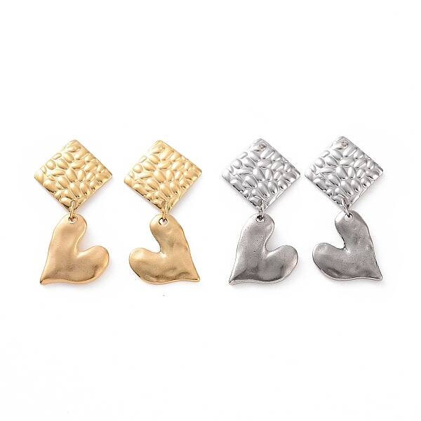 304 Stainless Steel Heart with Rhombus Dangle Stud Earrings for Women