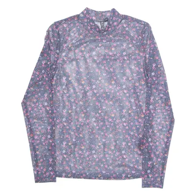 PIECES Sheer Womens Printed Top Purple High Neck Long Sleeve Floral S