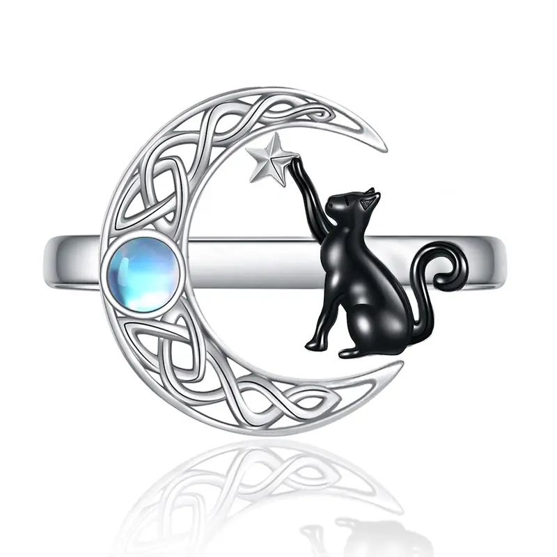 Sterling Silver Two-Tone Round Moonstone Cat & Celtic Knotwith Moon Star Open Ring For Women