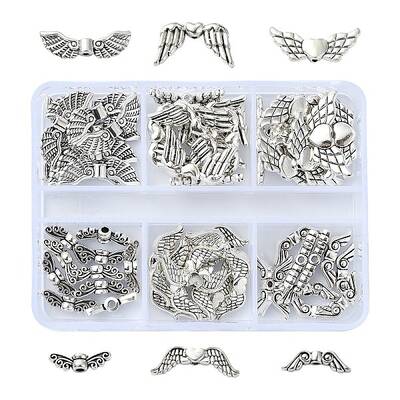 60Pcs 6 Styles Tibetan Style Alloy Wing Beads