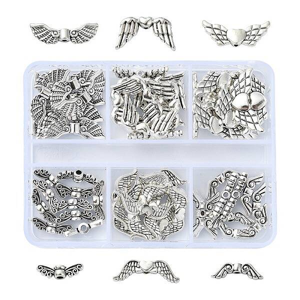 60Pcs 6 Styles Tibetan Style Alloy Wing Beads