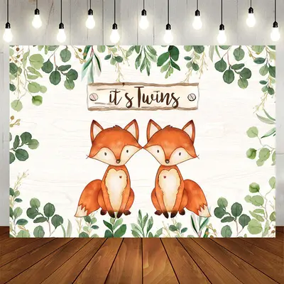 Aperturee Green Leaves And Foxes Its Twins Baby Shower Backdrop