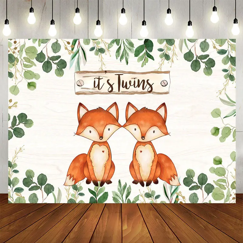 Aperturee Green Leaves And Foxes Its Twins Baby Shower Backdrop