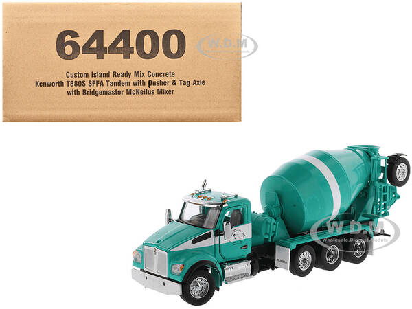 Kenworth T880S SFFA Tandem with Pusher and Tag Axle with Bridgemaster McNeilus Mixer Island Ready Mix Green and White Limited...