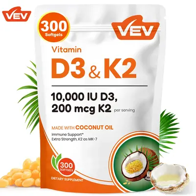 VEV Vitamin D3 K2 10000 IU, Virgin Coconut Oil, 2 in 1 Vitamins Supplement, 300 Softgels