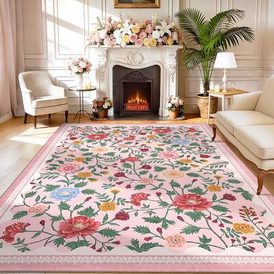 Garvee Washable 9x12 Area Rugs Non Slip Floral Print Accent Carpet Pink Indoor Floor Rug for Girls Room Bedroom Nursery