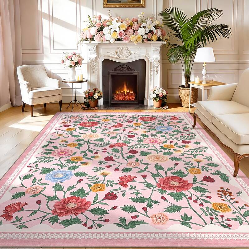Garvee Washable 9x12 Area Rugs Non Slip Floral Print Accent Carpet Pink Indoor Floor Rug for Girls Room Bedroom Nursery