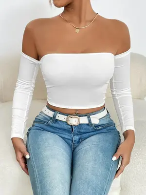 Women's Solid Off Shoulder Long Sleeve Crop Tee, Going Out Tops, Summer Clothes, Casual Tight Top for Spring & Fall, Clubbi...