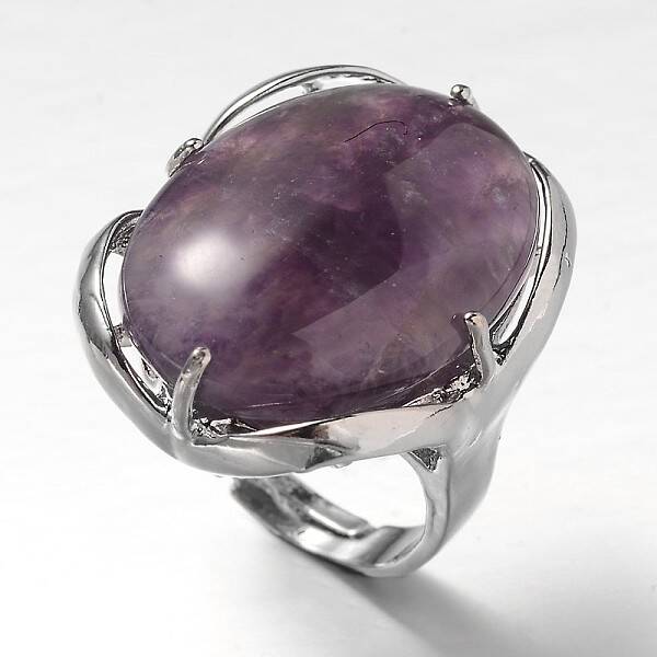 Adjustable Oval Brass Natural Amethyst Wide Band Rings