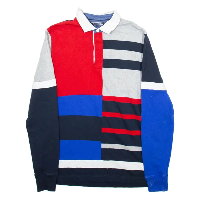 TOMMY HILFIGER Mens Polo Shirt Blue Crazy Pattern Long Sleeve L