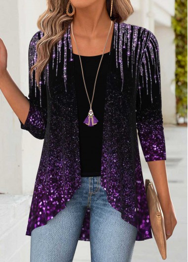 Modlily Purple Tummy Coverage Ombre Long Sleeve Lightweight Cardigan - M