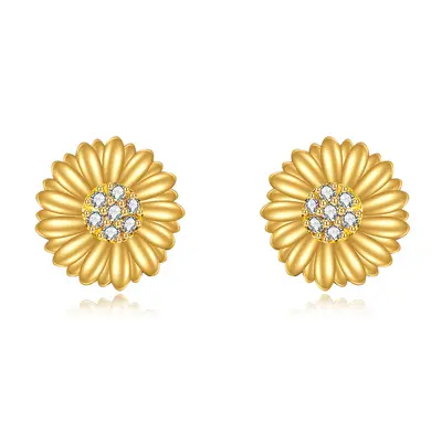 14K Gold Cubic Zirconia Sunflower Stud Earrings