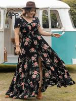 【Plus Size】 Floral Print Button Front Ruffle Hem Shirred Split A Line Vintage Maxi Dress, Summer Dressy Casual Wear Cloth...