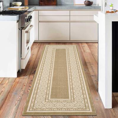 Garvee Modern Neutral Bordered Runner Rugs, Flaxen 2'X6' Soft Washable Non Slip Solid Geometric Long Throw Carpet for Living ...