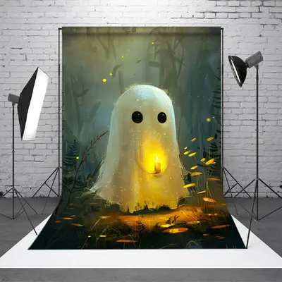 Plants Burning Candle Cute Ghost Halloween Backdrop